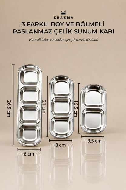 Gümüş bölmeli sunum kabı ölçüleri: 26,5 cm, 21 cm ve 15,5 cm boylar