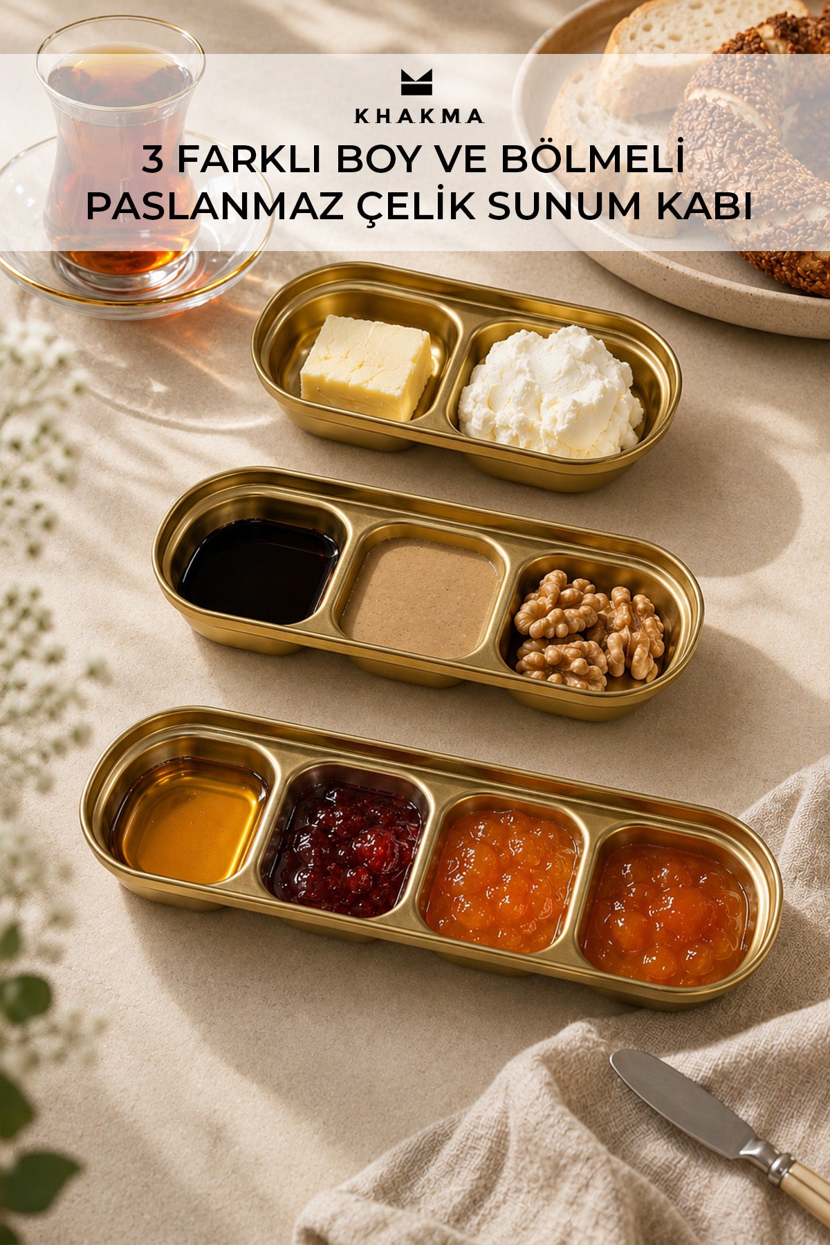 Khakma altın bölmeli çelik sunum kabı 3'lü set kahvaltılıklarla dolu tanıtım görseli
