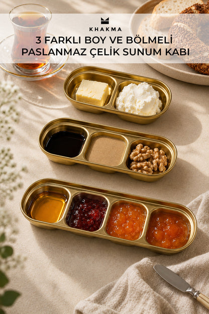 Khakma altın bölmeli çelik sunum kabı 3'lü set kahvaltılıklarla dolu tanıtım görseli