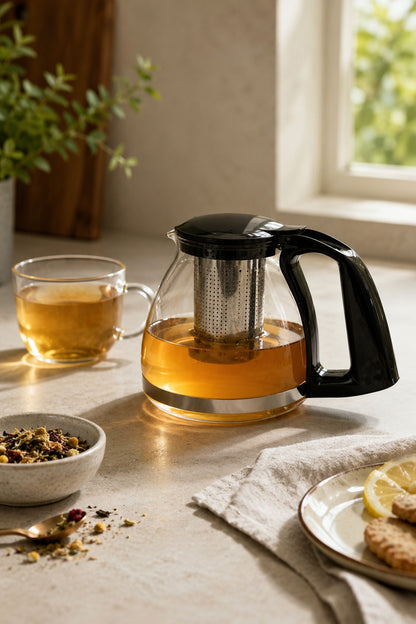 Bitki çayı dolu cam demlik, cam bardak ve kuru çay yaprakları