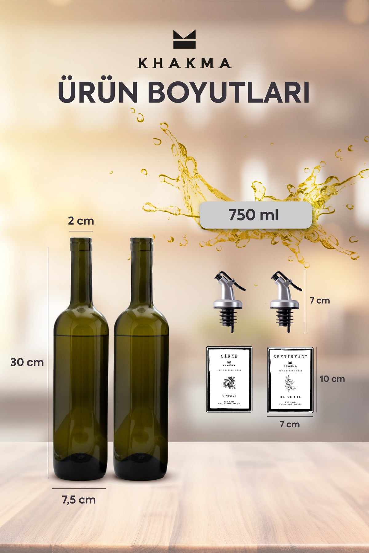 750 ml cam yağdanlık ölçüleri: 30 cm boy, 7,5 cm taban, 2 cm ağız çapı