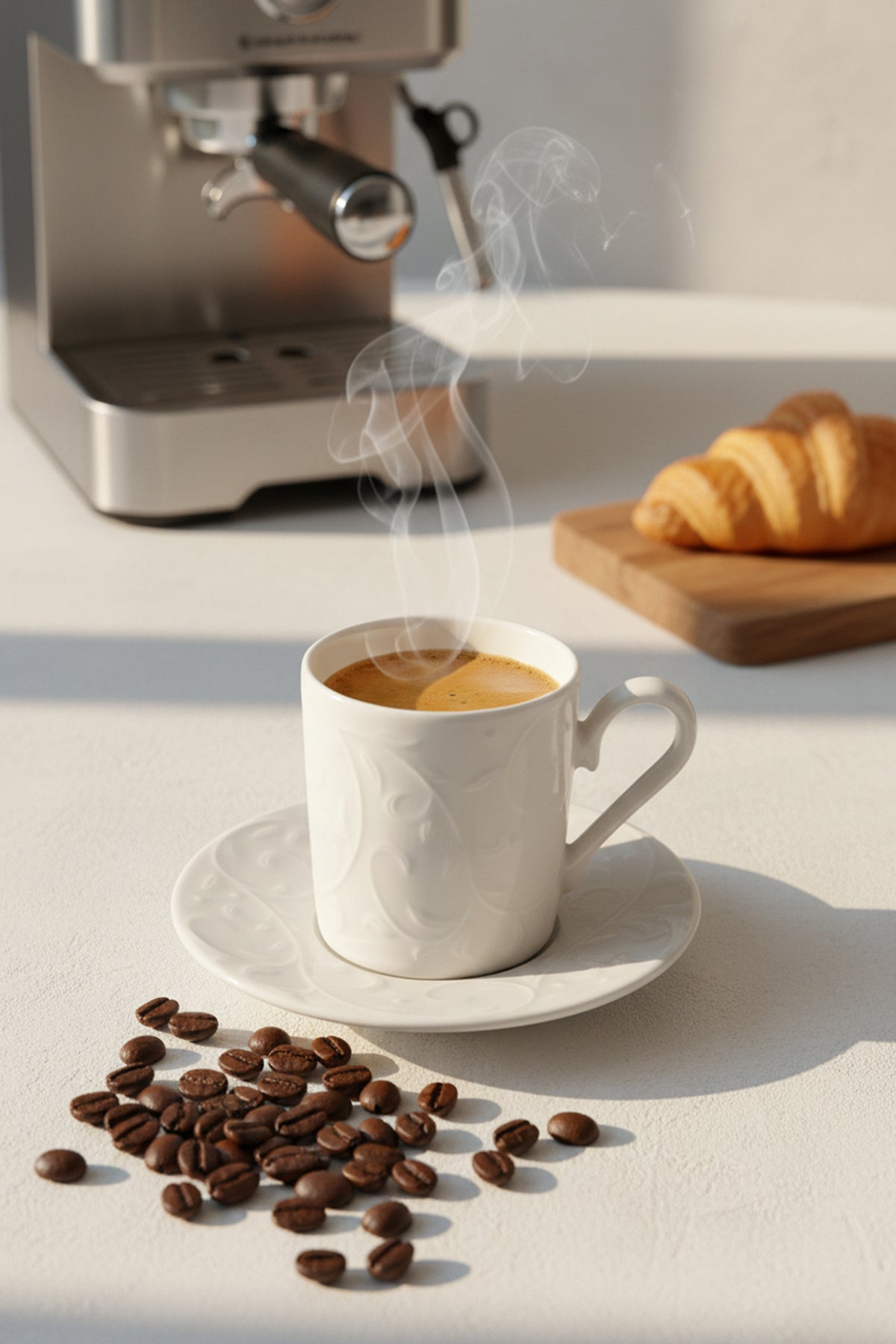 Espresso makinesi ve kruvasan önünde kahve çekirdekleriyle beyaz kabartmalı fincan
