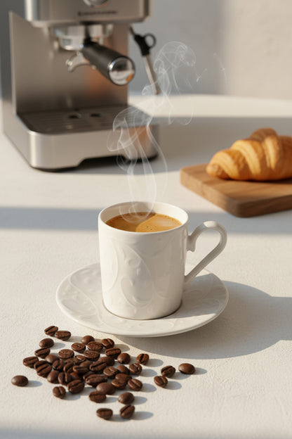 Espresso makinesi ve kruvasan önünde kahve çekirdekleriyle beyaz kabartmalı fincan
