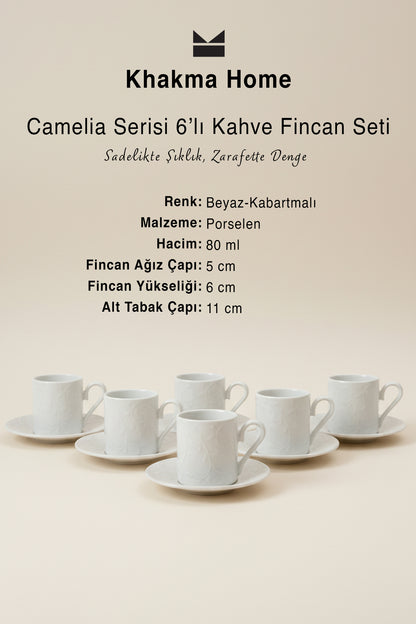 Camelia serisi 6'lı kahve fincan seti bilgileri: 80 ml, porselen, 11 cm tabak