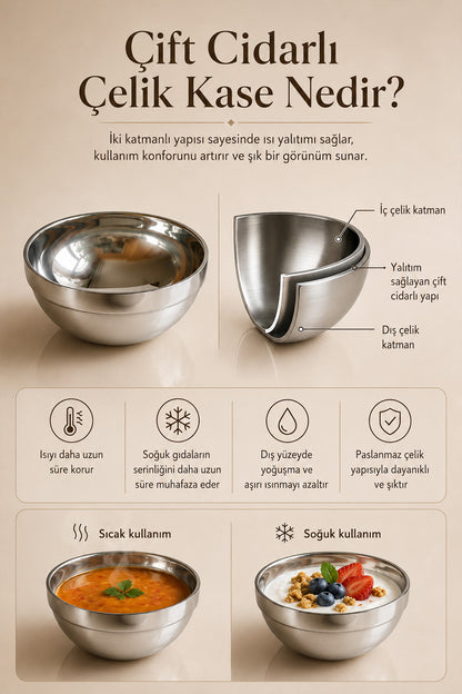 Terlemez ve el yakmaz özelliklerini anlatan çelik kase bilgi kartı