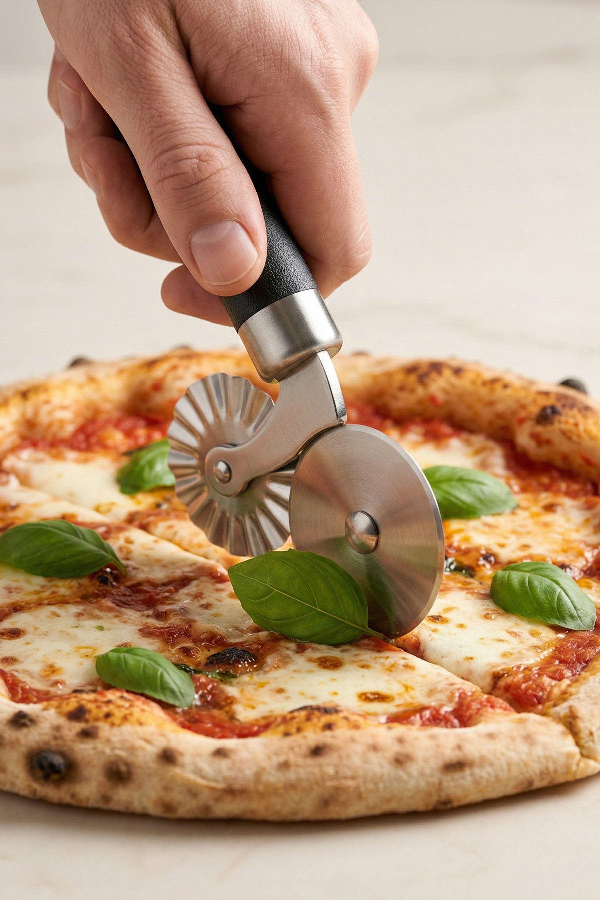 Taş fırın pizzayı düz tekerlekle dilimleyen el