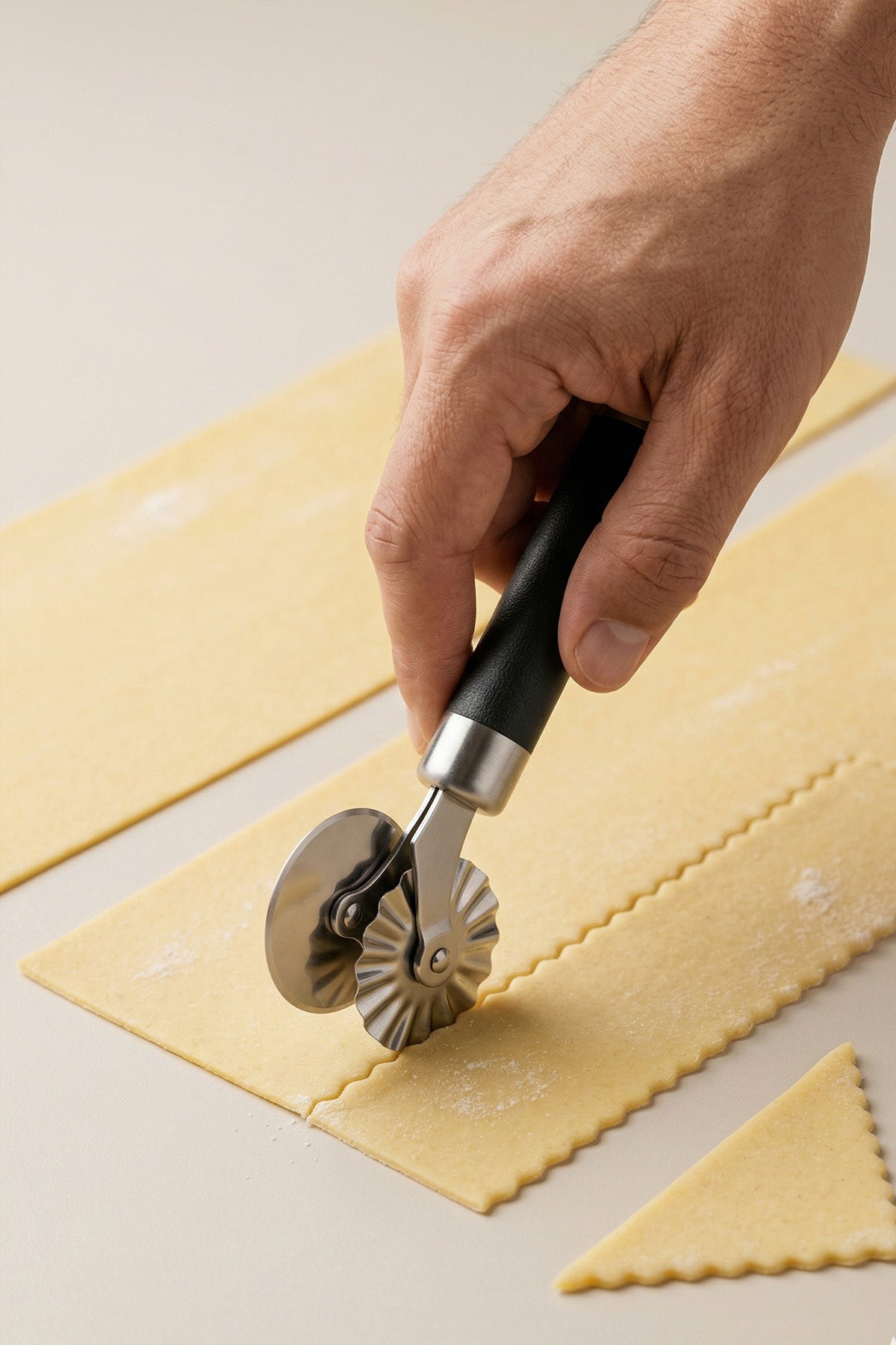 Açılmış hamuru tırtıklı tekerlekle mantı ve ravioli için kesen el