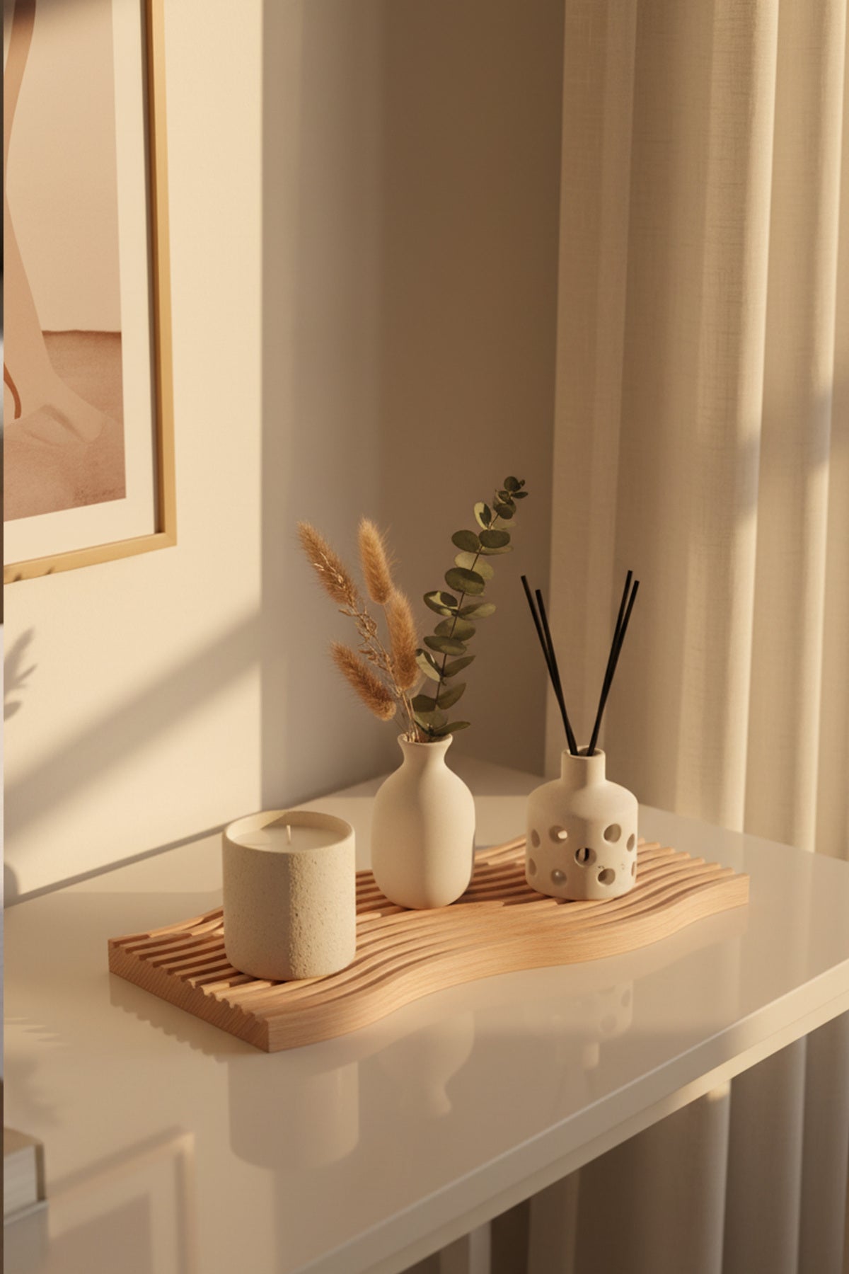 Konsolda mum, vazo ve oda kokusunu taşıyan dalgalı ahşap tepsi