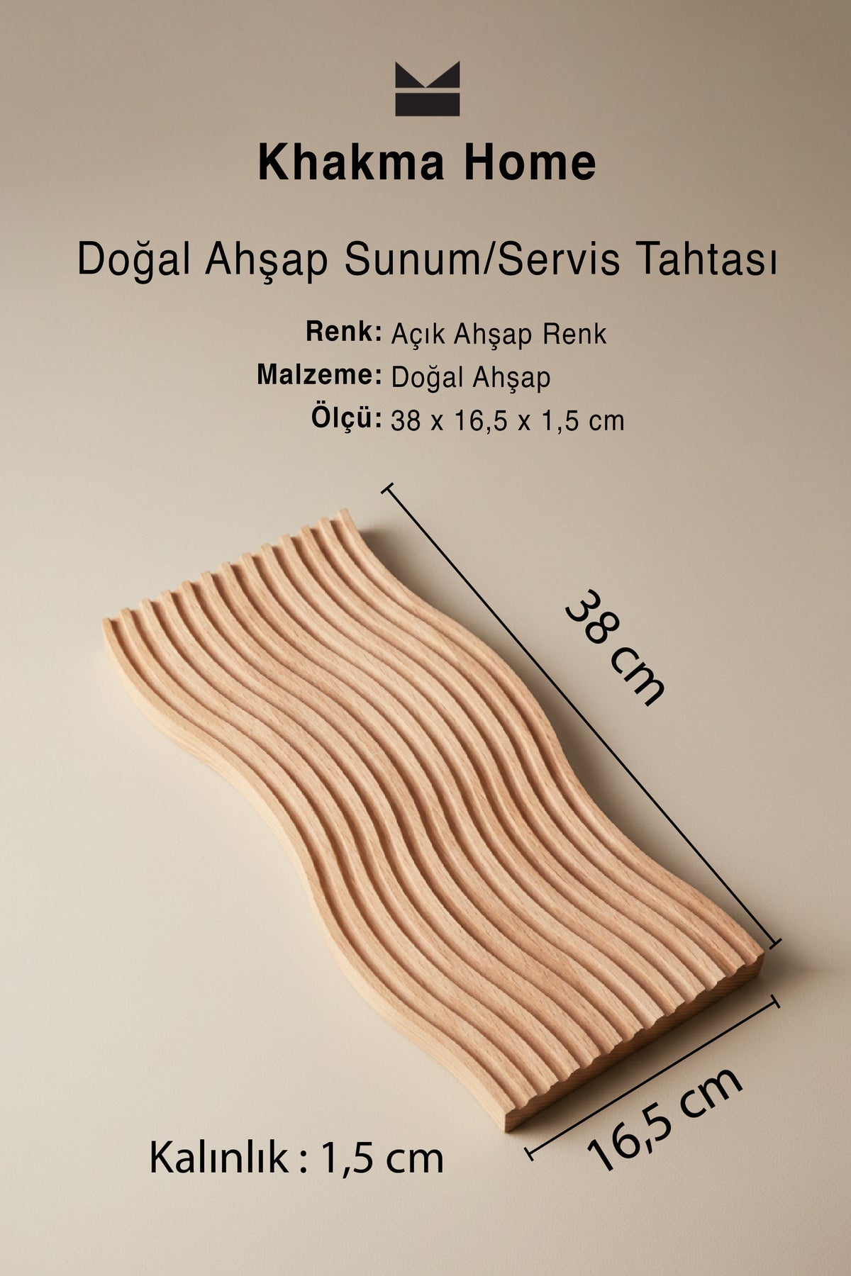 Dalgalı ahşap sunum tahtası ölçüleri: 38 x 16,5 cm, 1,5 cm kalınlık