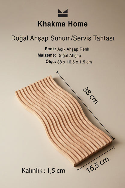 Dalgalı ahşap sunum tahtası ölçüleri: 38 x 16,5 cm, 1,5 cm kalınlık