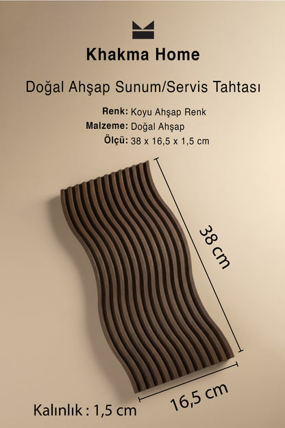 38 x 16,5 cm ölçüsü ve 1,5 cm kalınlığı gösterilen ahşap sunum tahtası