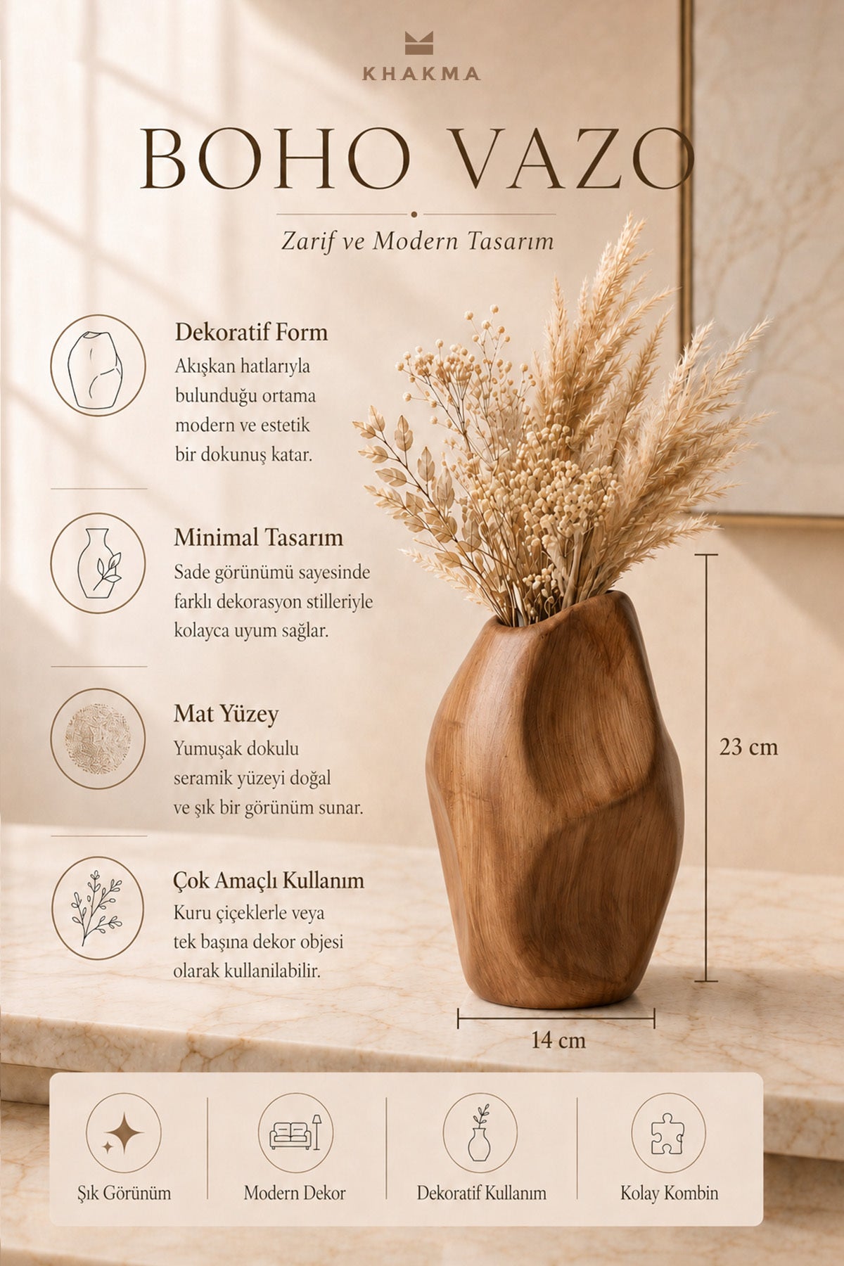 Kahverengi boho vazo özellik görseli: dekoratif form, minimal tasarım, mat yüzey