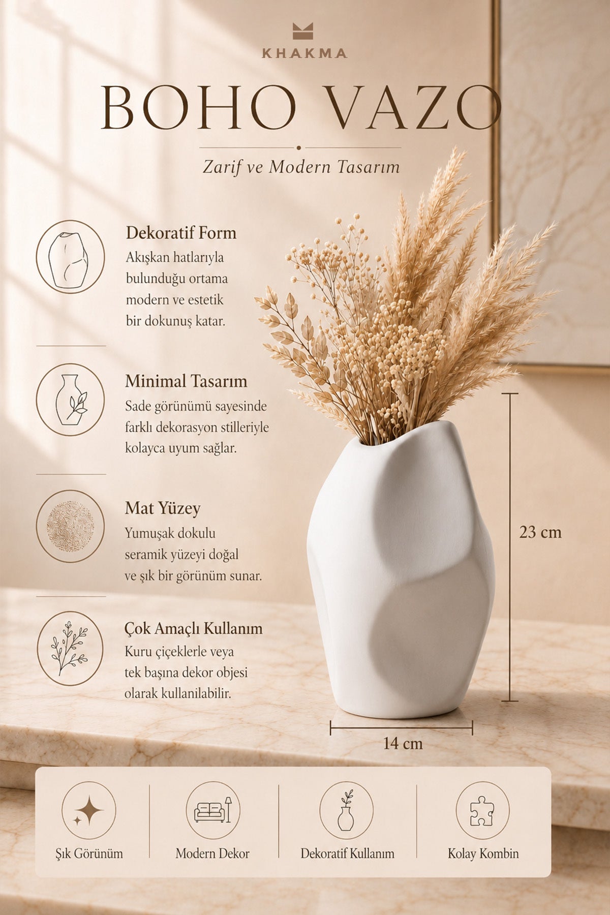 Beyaz boho vazo özellik görseli: dekoratif form, minimal tasarım, mat yüzey