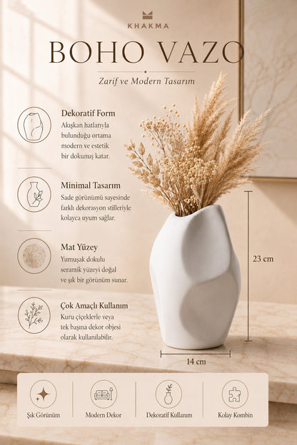 Beyaz boho vazo özellik görseli: dekoratif form, minimal tasarım, mat yüzey