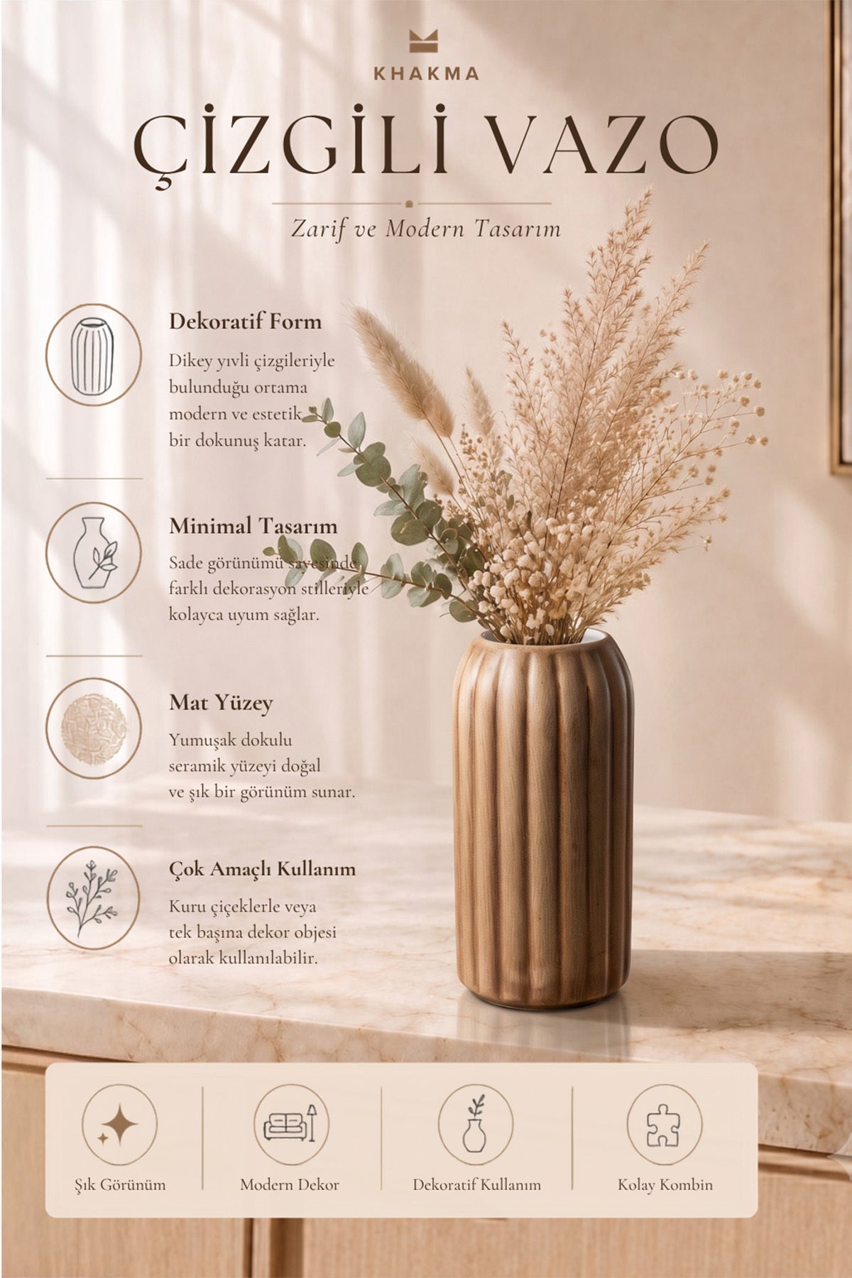 Kahverengi çizgili vazo infografiği: dekoratif form, minimal tasarım, mat yüzey