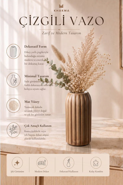 Kahverengi çizgili vazo infografiği: dekoratif form, minimal tasarım, mat yüzey