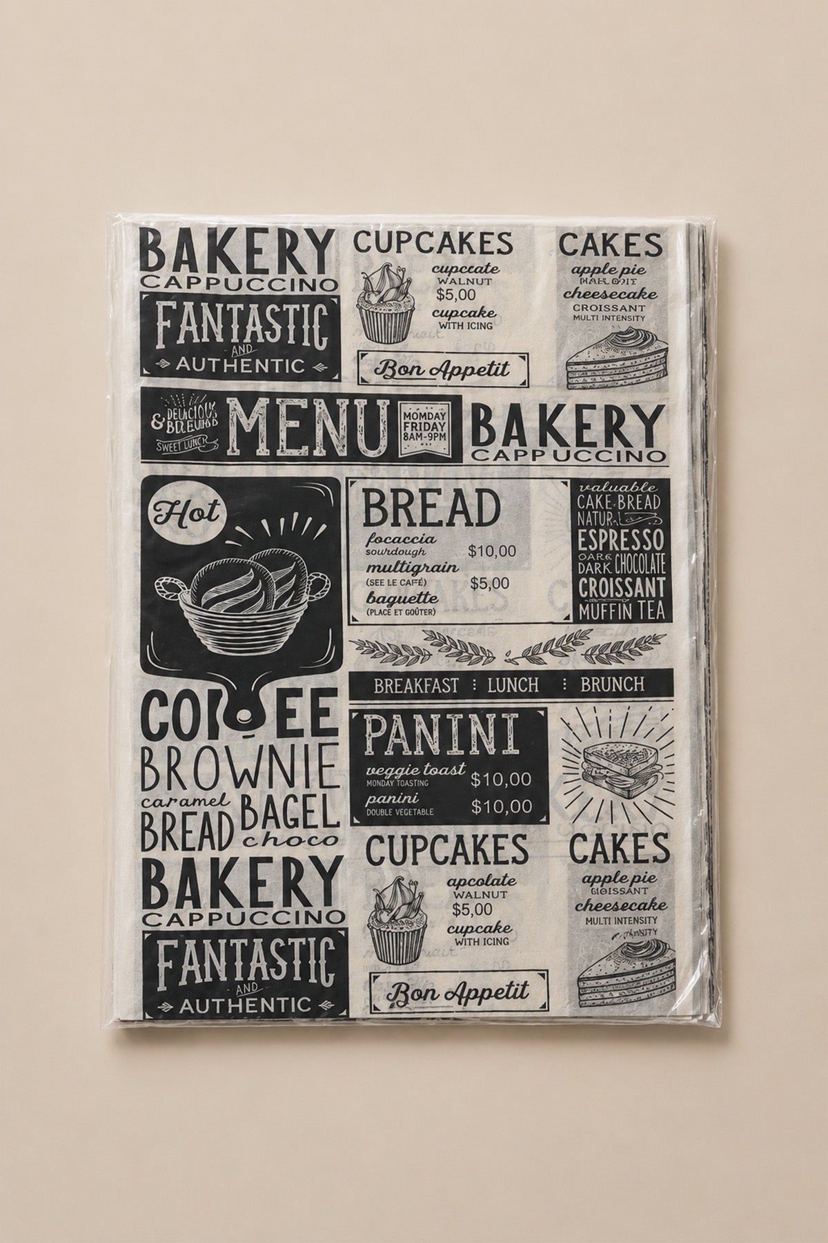 Düz serilmiş, siyah bakery ve menü desenli 40x30 cm yağlı servis kağıdı