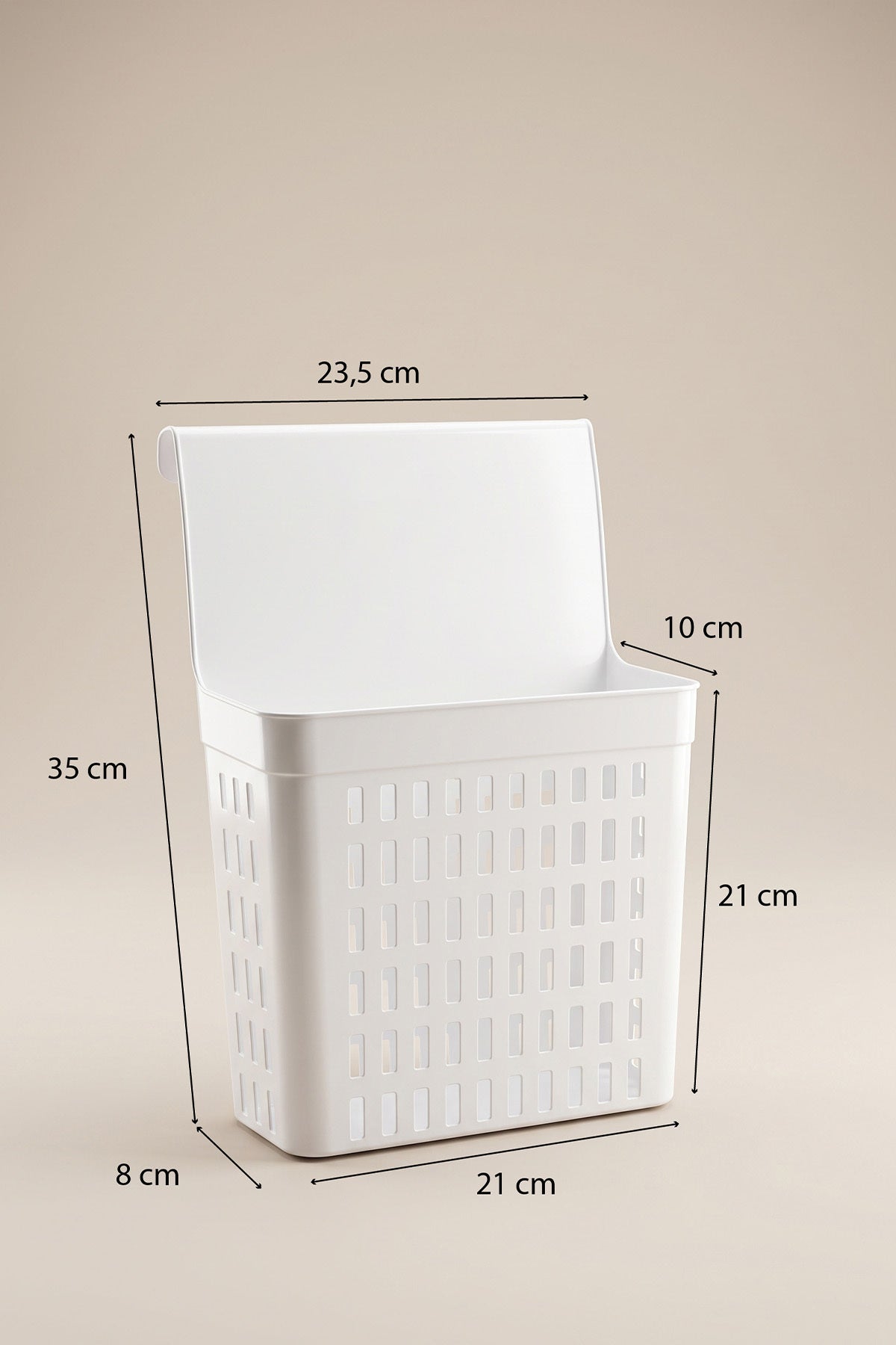 Ölçüleri işaretli dolap kapağı organizer: 35 cm boy, 23,5 cm askı, 21 x 8 cm sepet