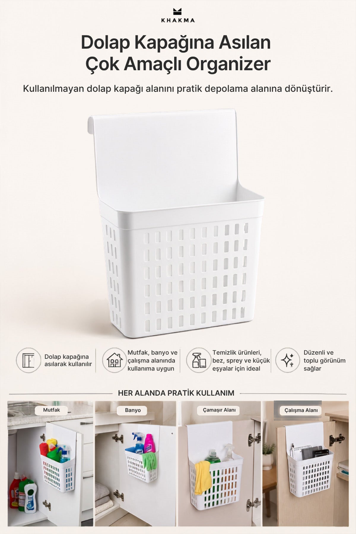 Mutfak, banyo, çamaşır ve çalışma alanında kullanım örnekleriyle dolap kapağı organizer tanıtım görseli