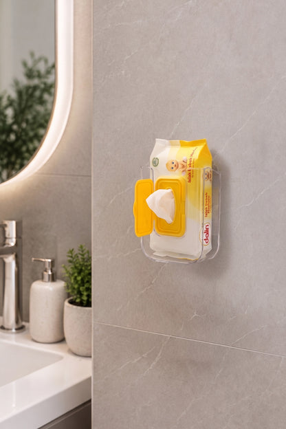 Banyo duvarına monte şeffaf akrilik tutucu içinde sarı kapaklı ıslak mendil paketi