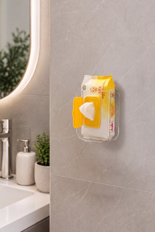 Banyo duvarına monte şeffaf akrilik tutucu içinde sarı kapaklı ıslak mendil paketi