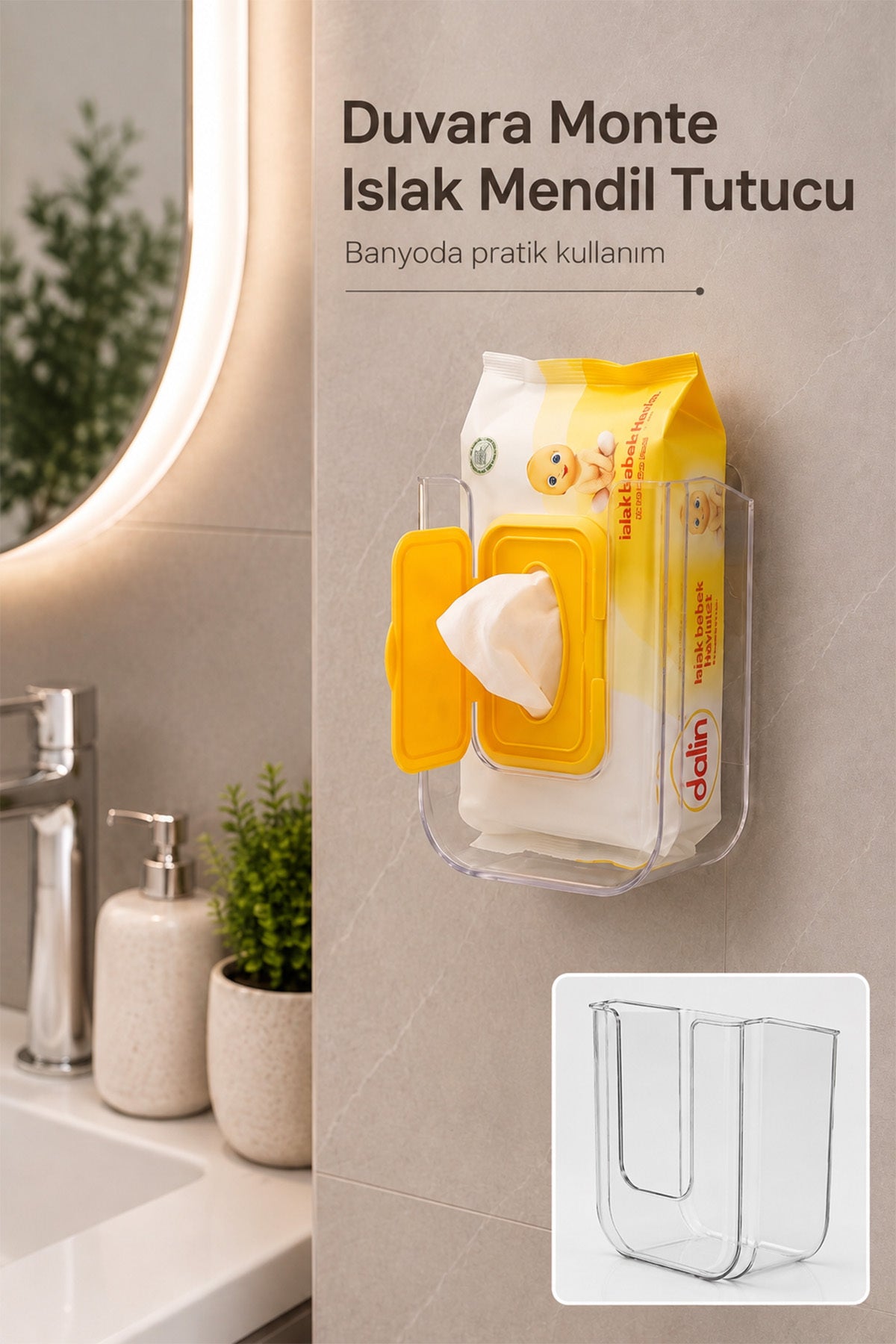 Lavabo yanında duvara monte ıslak mendil tutucu ve boş halinin küçük görünümü
