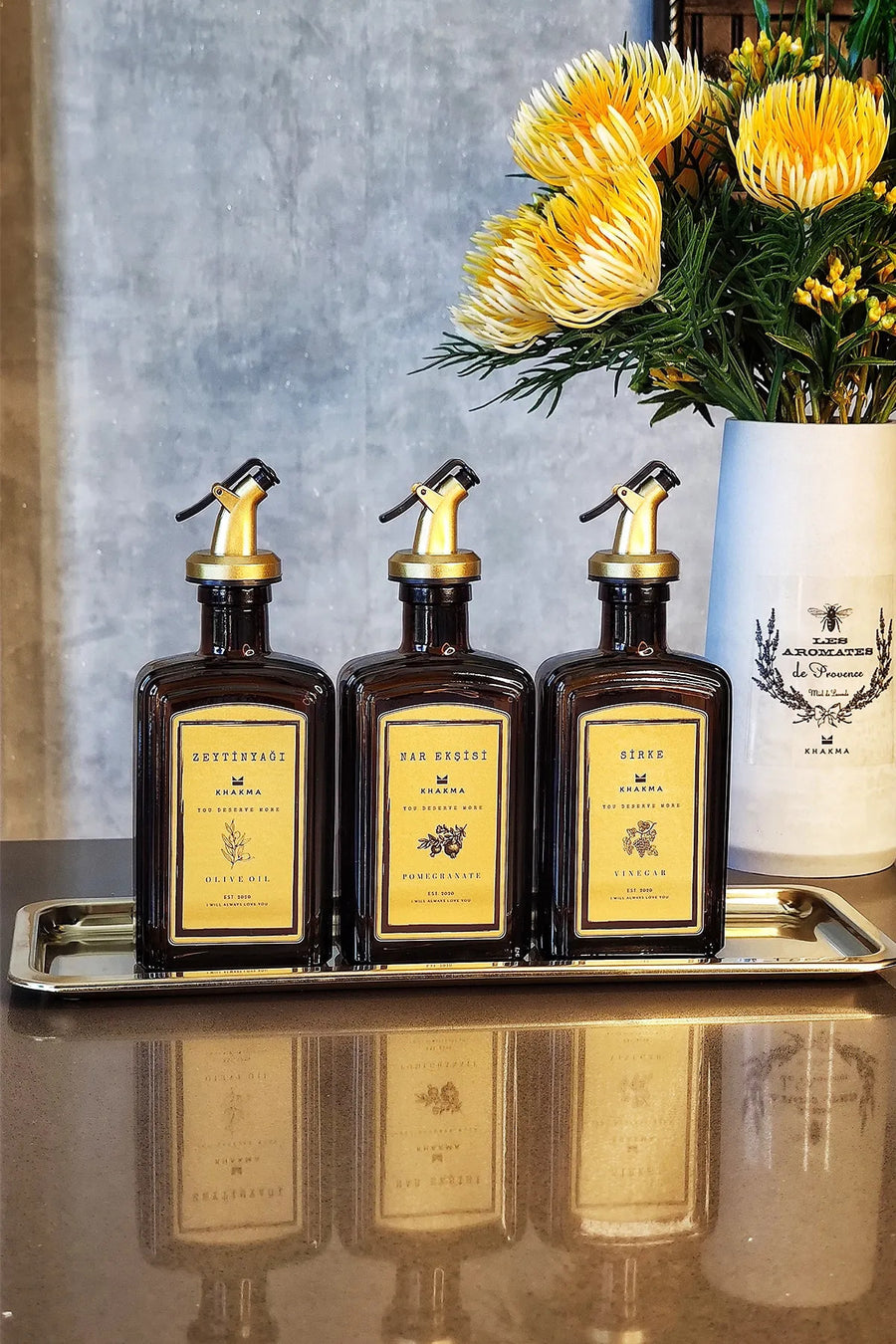 Gold Çelik Tepsili Amber Cam 3'lü Yağdanlık Seti – 250 ml, Gold Etiketli