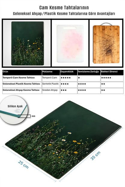 25x35 cm cam kesme tahtası ölçüsü, silikon ayak detayı ve ahşap-plastik tahta kıyası