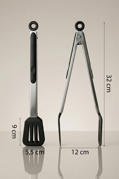 32 cm boy, 9 x 5,5 cm uç ve 12 cm açıklık ölçüleri gösterilen maşa