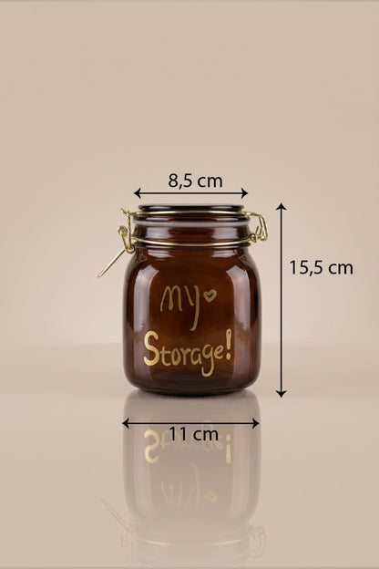 Amber cam kavanozun ölçüleri: 15,5 cm yükseklik, 8,5 cm ağız, 11 cm taban çapı