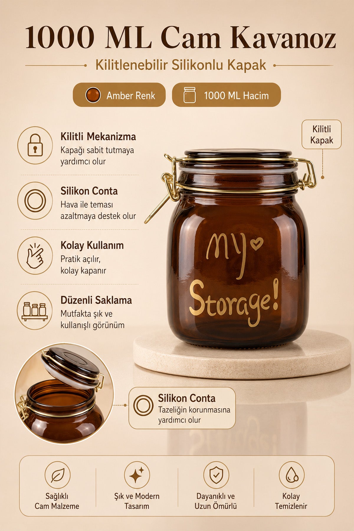 1000 ml amber cam kavanozun kilit mekanizması ve silikon conta özellikleri