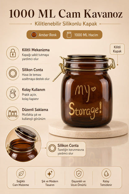 1000 ml amber cam kavanozun kilit mekanizması ve silikon conta özellikleri