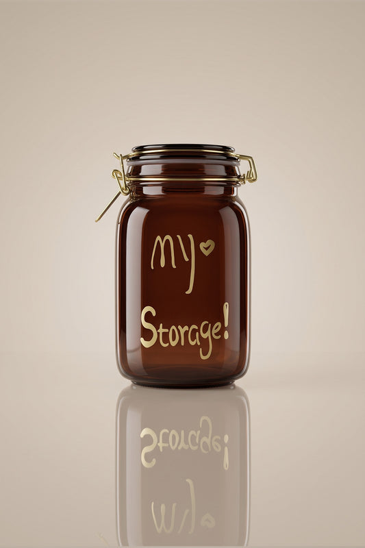 Altın rengi my Storage yazılı, metal klipsli 1500 ml amber cam kavanoz