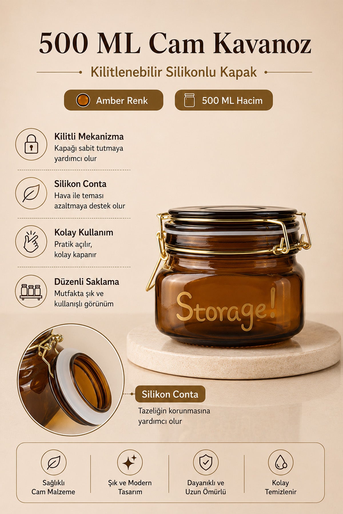 500 ml amber cam kavanozun kilit mekanizması ve silikon conta özellikleri