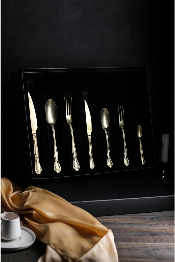 Mat Gold 4 Kişilik 28 Parça Vintage Çatal & Bıçak & Kaşık Takımı Kutulu Set Goldqueenset4