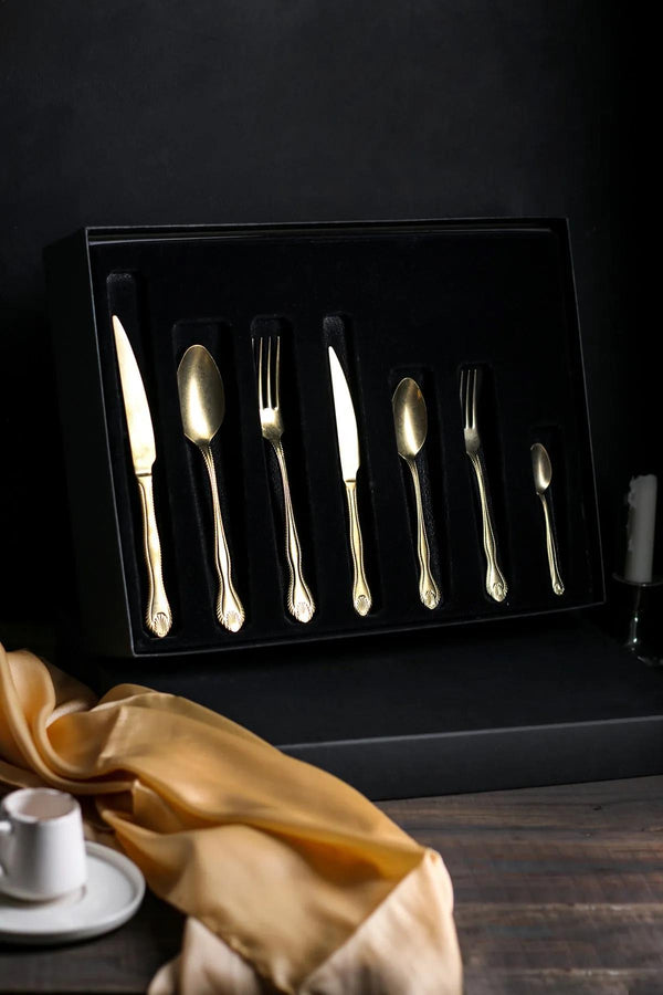 Mat Gold 4 Kişilik 28 Parça Vintage Çatal & Bıçak & Kaşık Takımı Kutulu Set Goldcrownset4