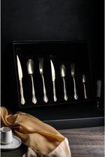 Görseli Galeri görüntüleyiciye yükleyin, Mat Gold 6 Kişilik 42 Parça Vintage Çatal &amp; Bıçak &amp; Kaşık Takımı Kutulu Set Goldqueenset6
