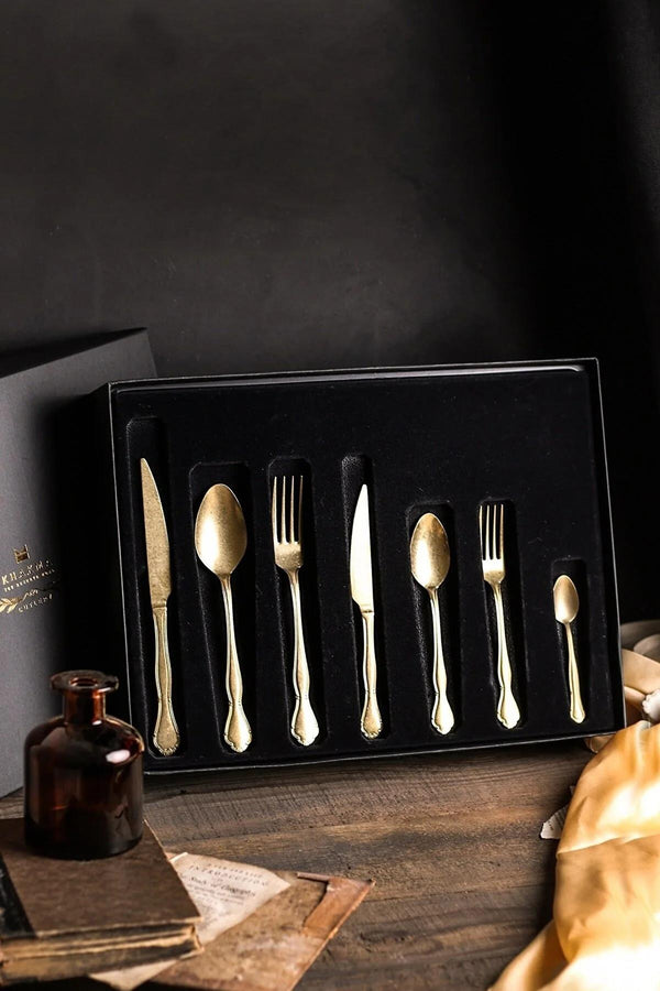 Mat Gold Vintage 6 Kişilik 42 Parça Çatal & Bıçak & Kaşık Takımı Kutulu Set AristocratSet6