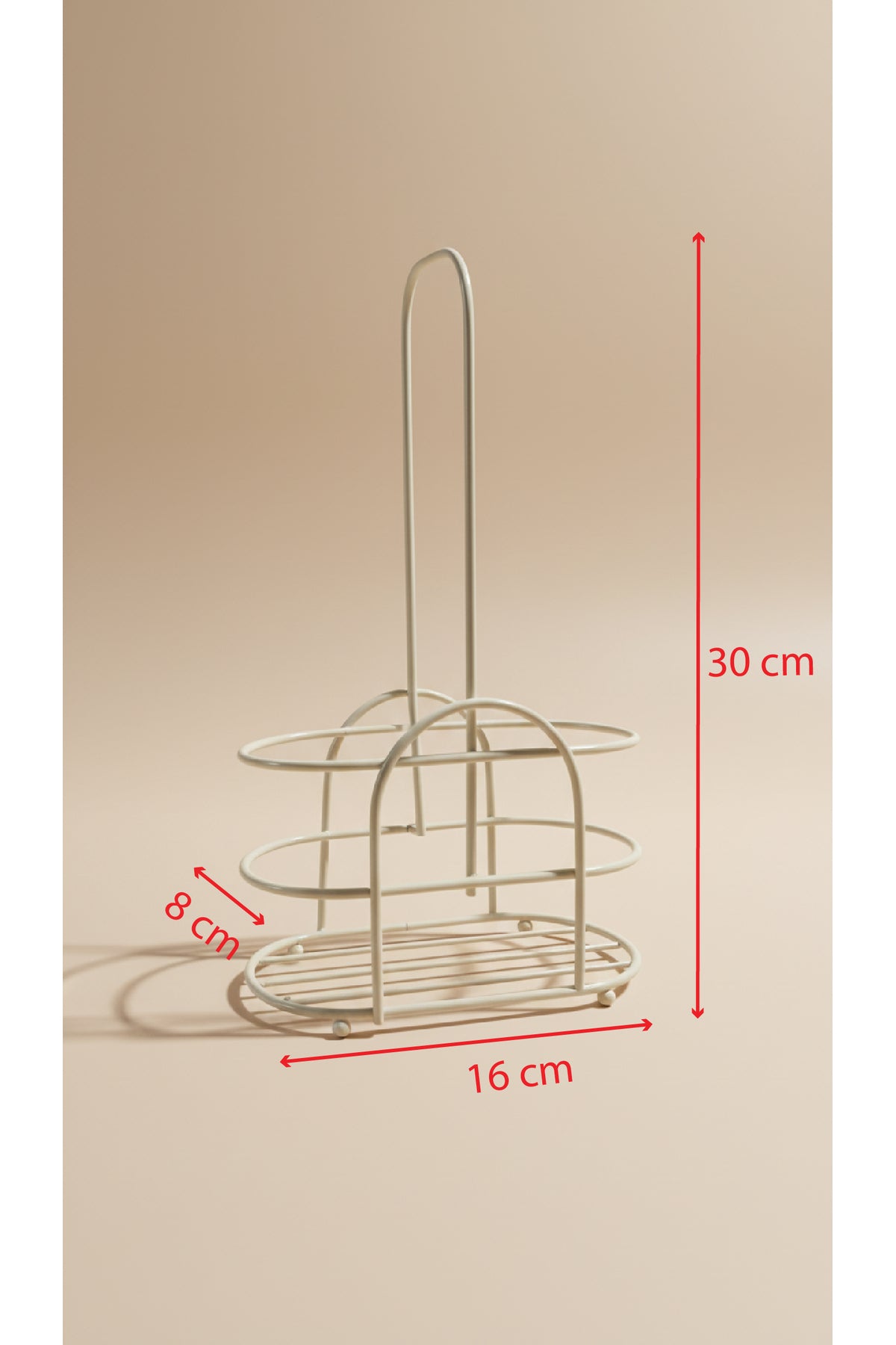 Beyaz metal yağdanlık standının 30 x 16 x 8 cm ölçülerini gösteren görsel