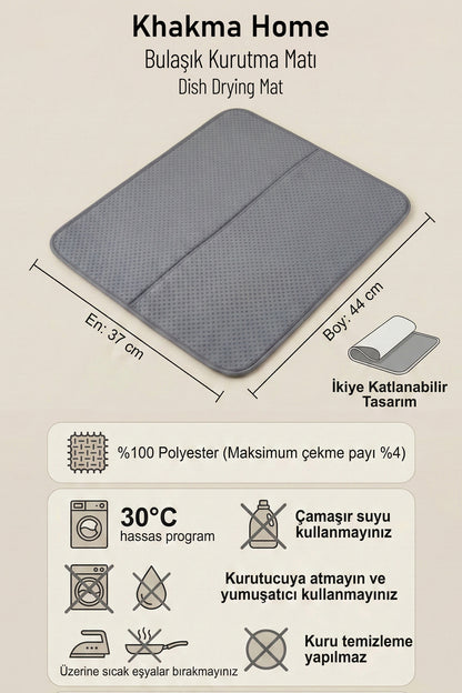 Mikrofiber bulaşık kurutma matı 37x44 cm ölçüleri, katlanabilir tasarım ve yıkama talimatları