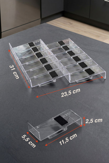 Modüler baharatlık standı ölçüleri: tek modül 11,5 x 5,5 x 2,5 cm, birleşim 31 x 23,5 cm