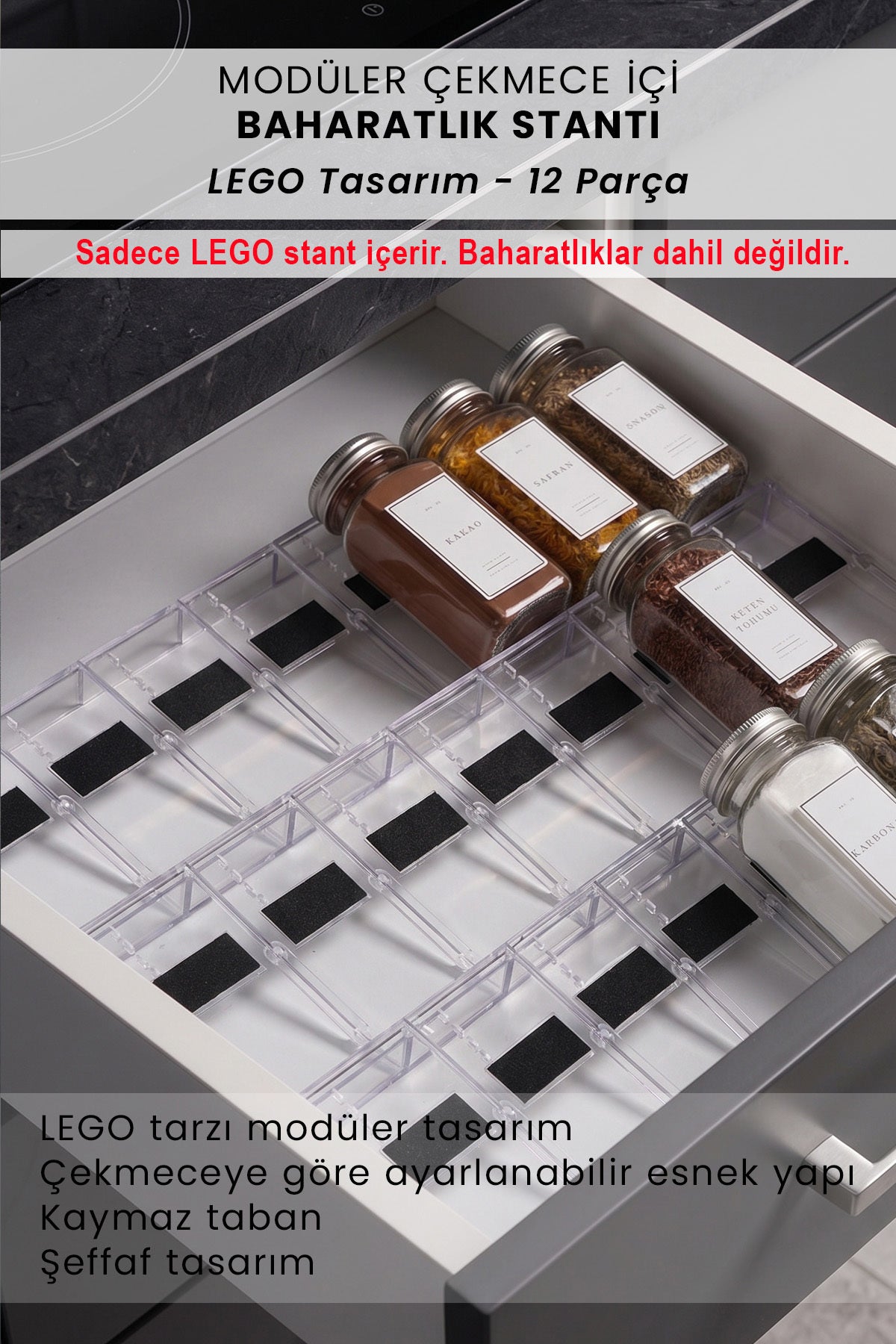 Çekmece içi 12 parça LEGO tasarım baharatlık standı infografiği, kavanozlar dahil değil