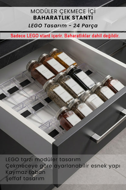 Çekmecede baharatlarla modüler lego stand, özellikler ve yalnız stant içerir uyarısı
