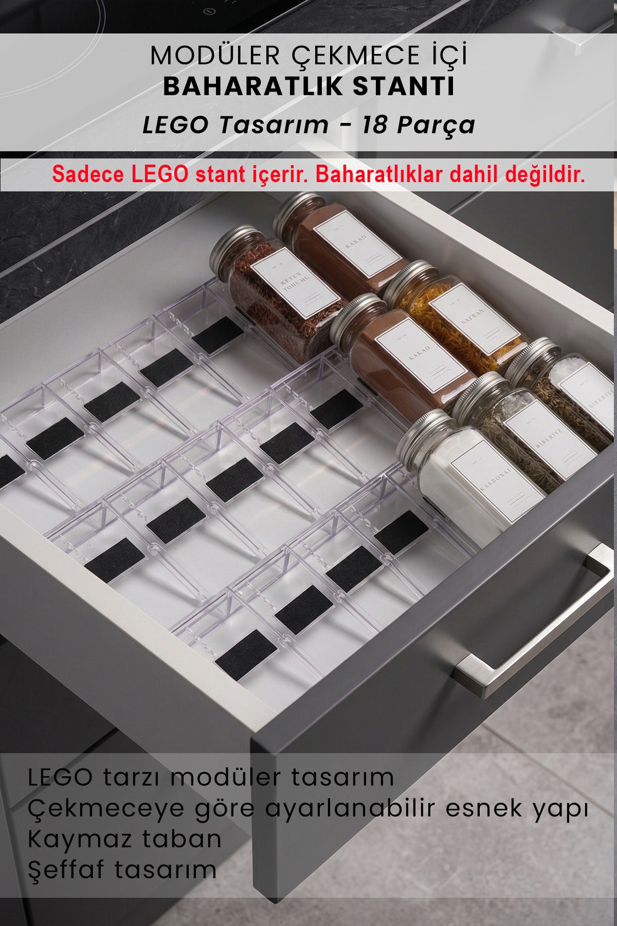 Çekmece içinde modüler standa dizilmiş baharat kavanozları, yalnız stant içerir notu