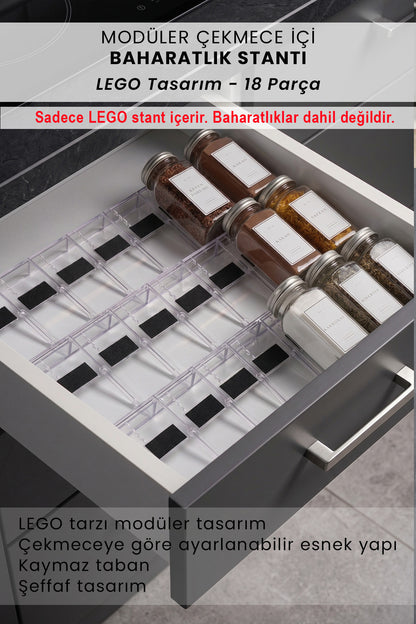 Çekmece içinde modüler standa dizilmiş baharat kavanozları, yalnız stant içerir notu