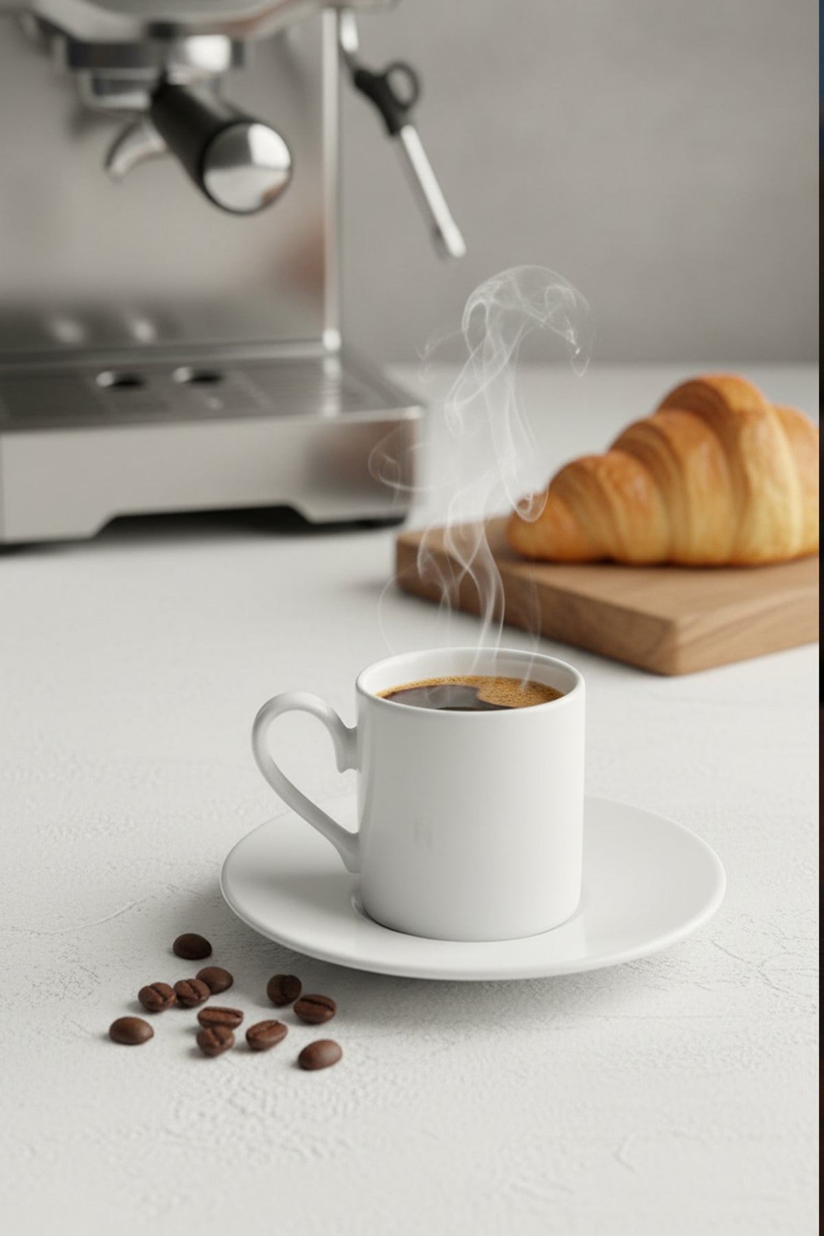 Espresso makinesi önünde köpüklü kahve dolu beyaz porselen fincan ve kruvasan