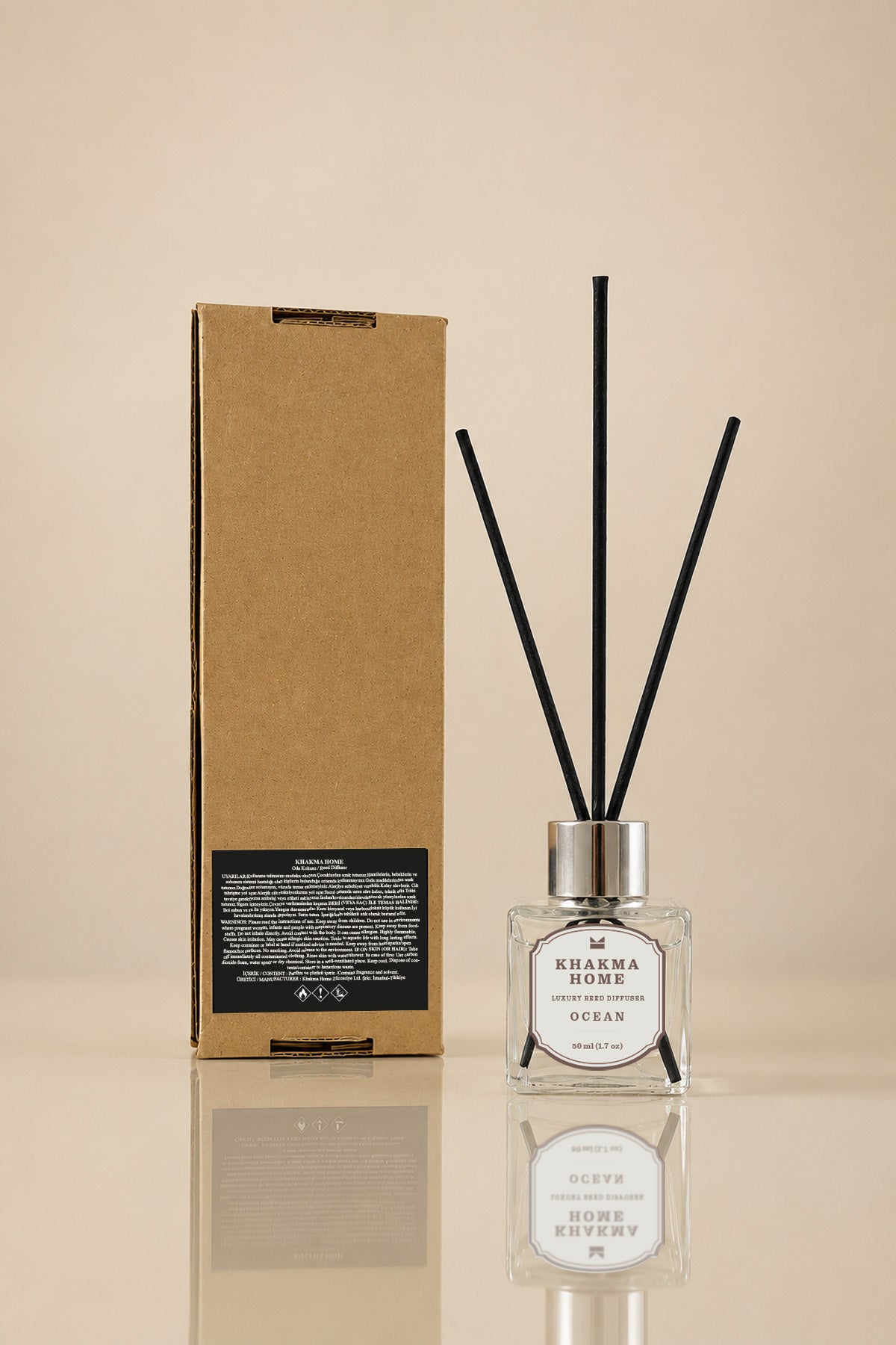 Kraft kutunun arka yüzü ve yanında 50 ml Ocean reed diffuser