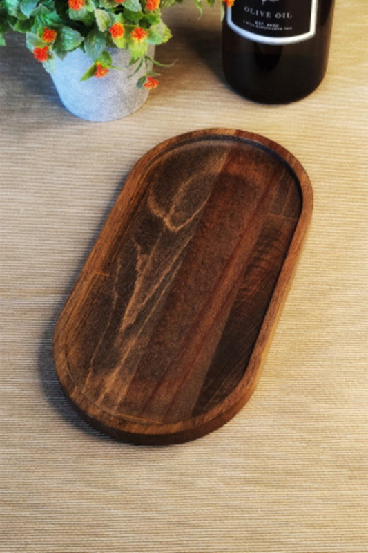 Boş duran ceviz tonlu oval doğal ahşap yağdanlık ve sirkelik standı