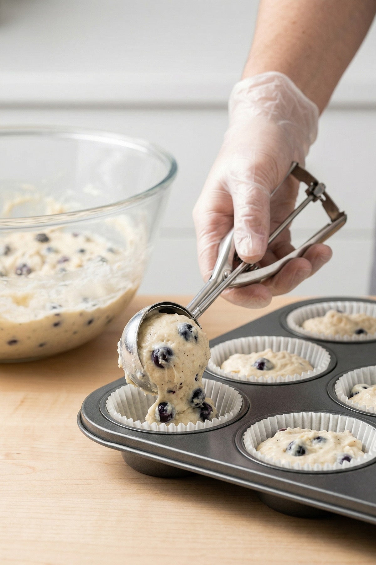 Dondurma kepçesiyle muffin kalıbına yaban mersinli hamur porsiyonlanırken