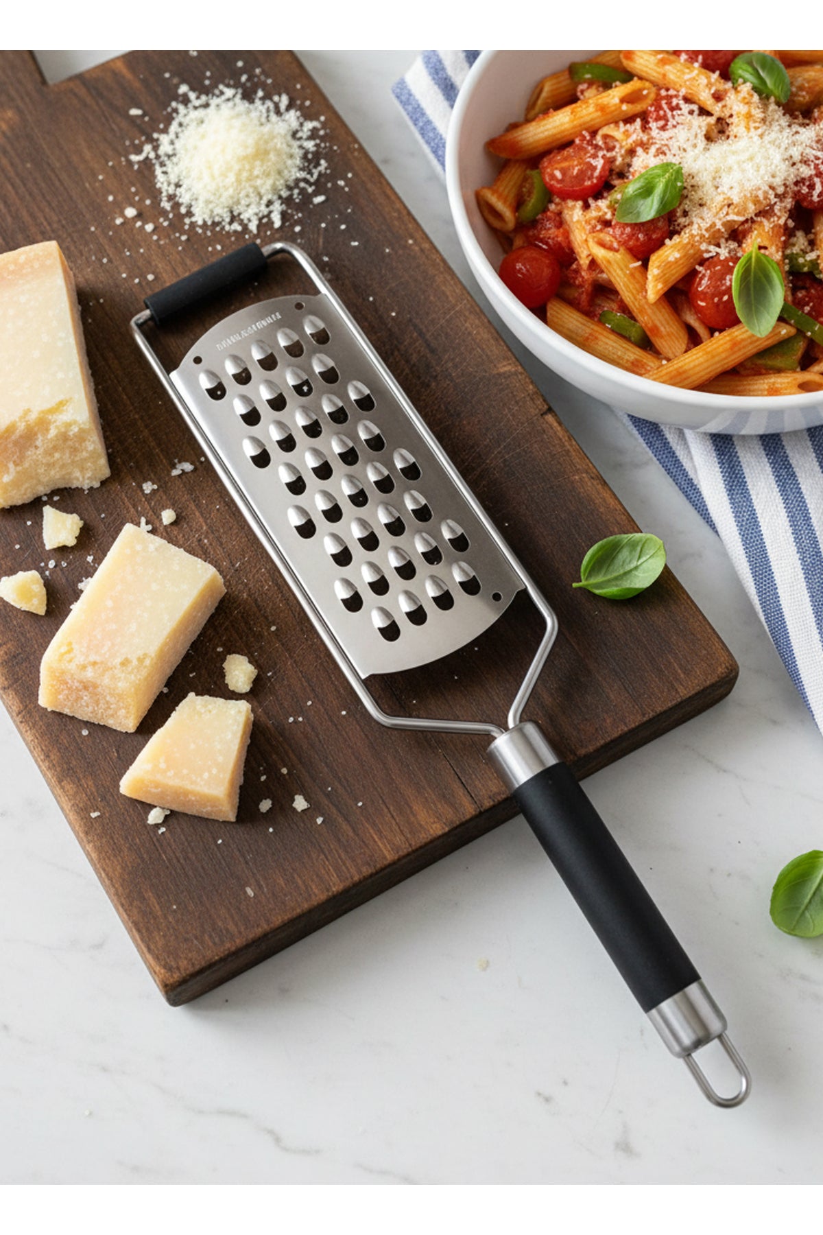 Parmesan parçaları ve makarna tabağı yanında çelik el rendesi